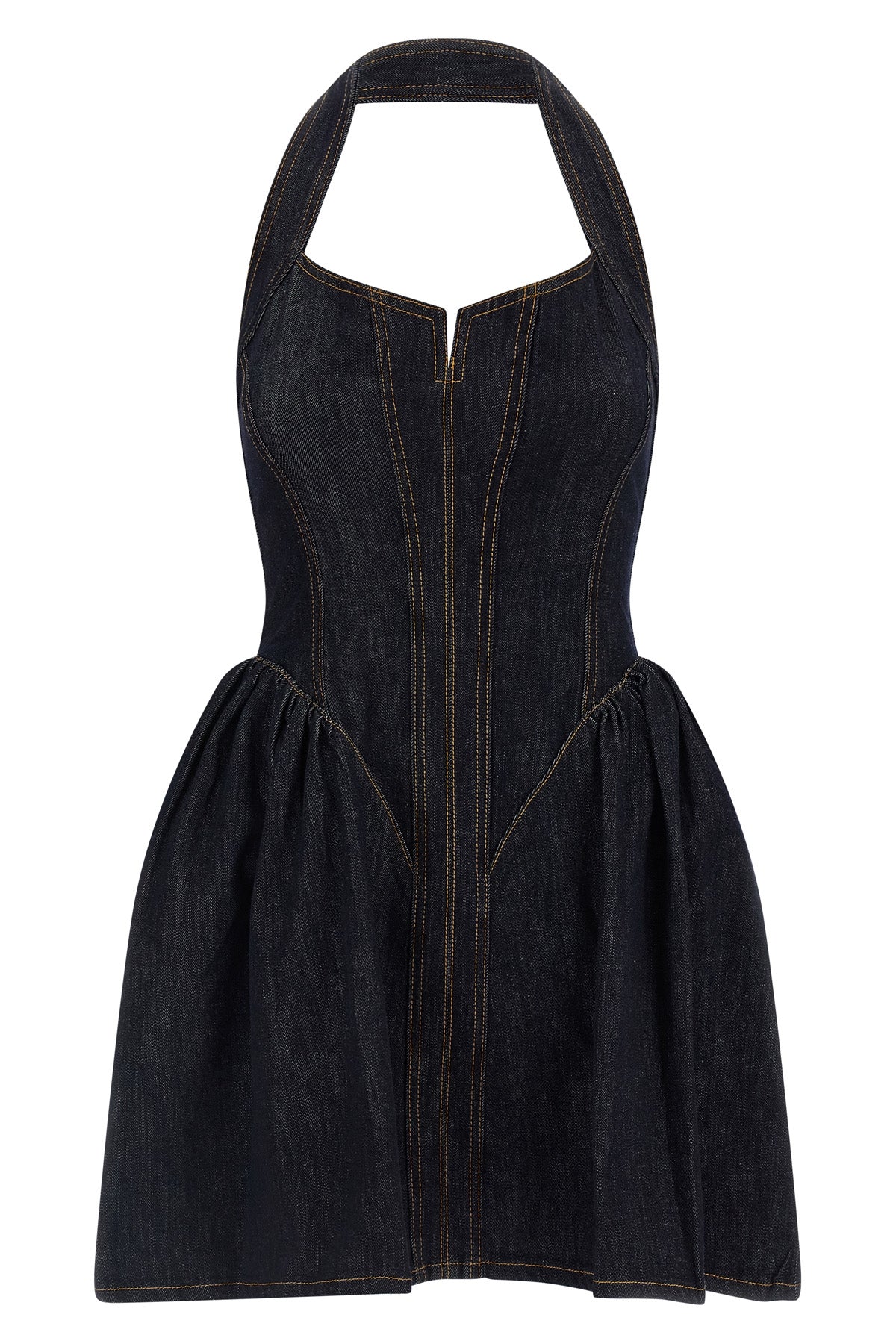 the self-portrait indigo denim halterneck flared mini dress defines a new interp