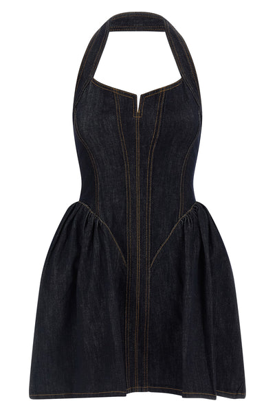 the self-portrait indigo denim halterneck flared mini dress defines a new interp