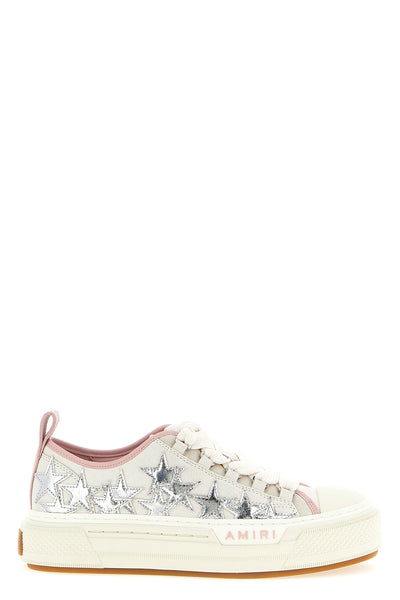 metallic stars court low craquelé leather and nylon sneakers