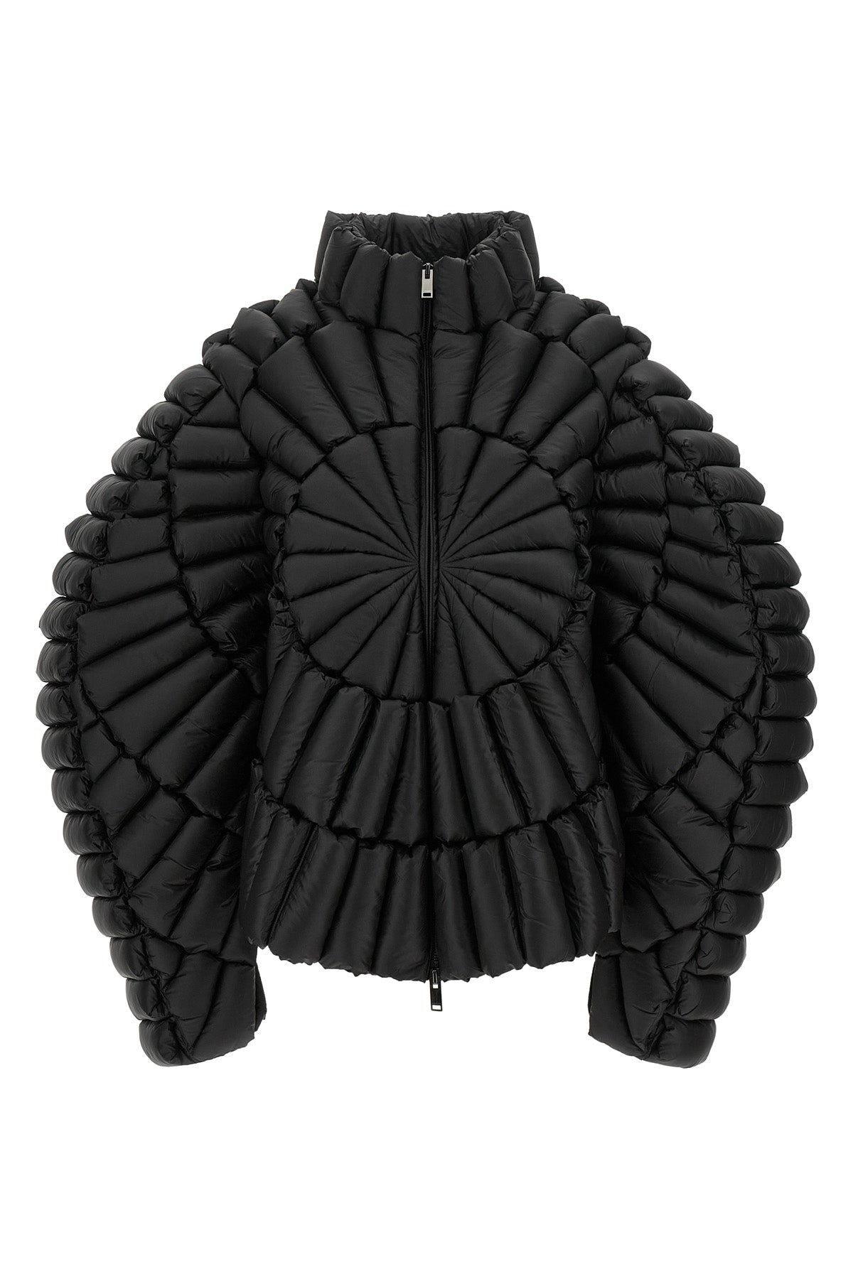 the raxxy down jacket redefines the volumes of outerwear through a complex three