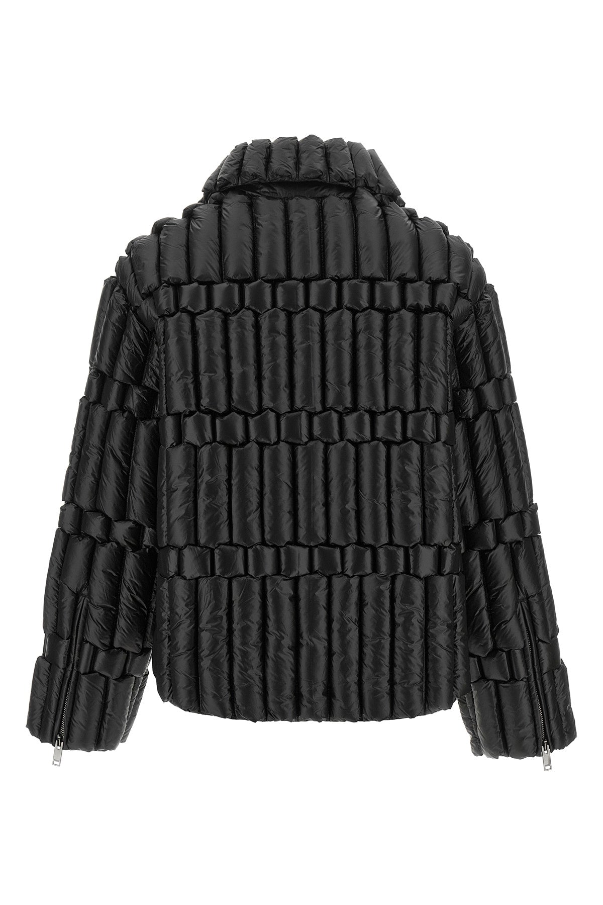 the biker-inspired down jacket raxxy redefines the volumes of outerwear through
