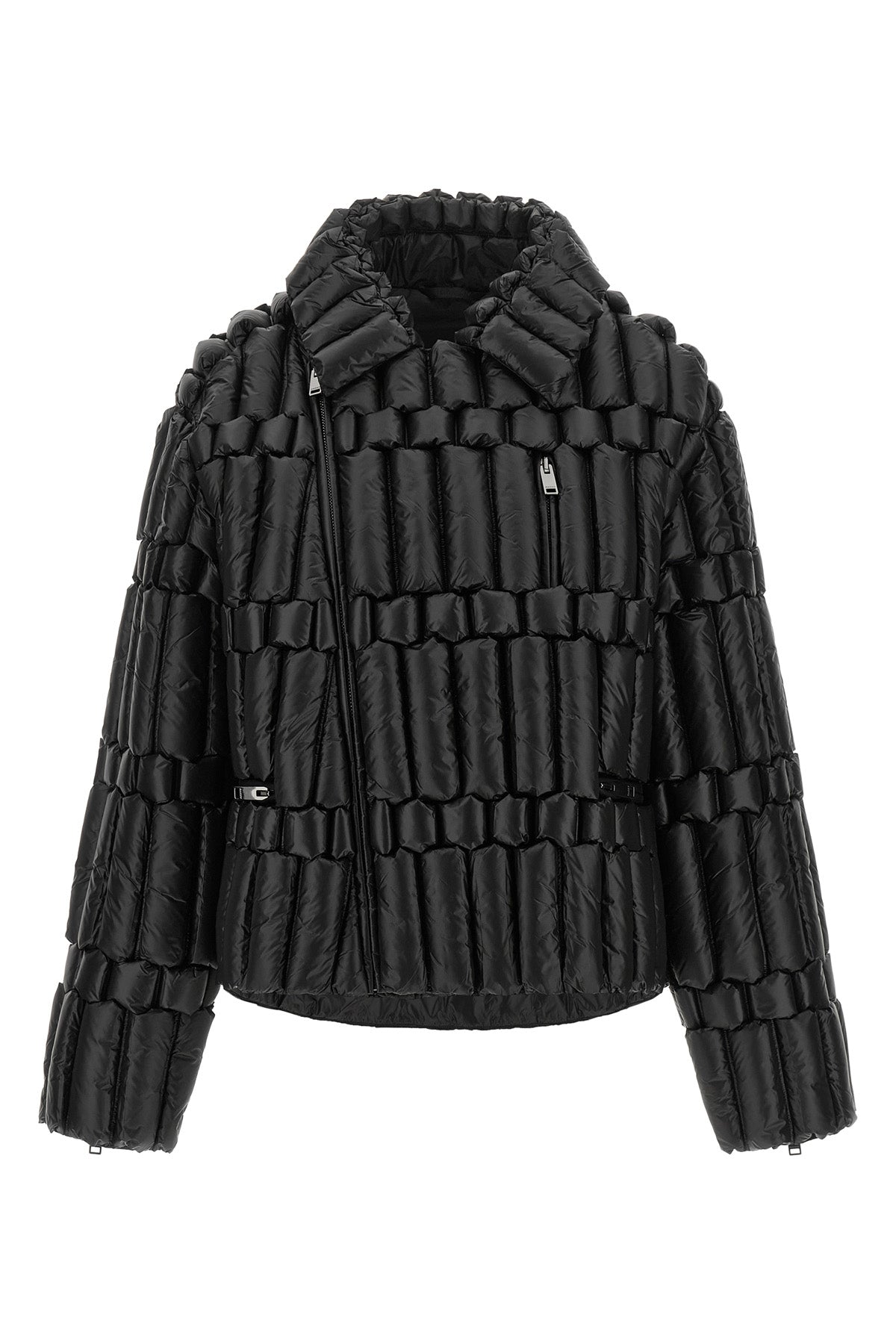 the biker-inspired down jacket raxxy redefines the volumes of outerwear through