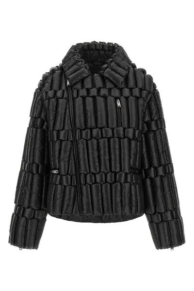 the biker-inspired down jacket raxxy redefines the volumes of outerwear through