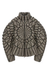 the raxxy down jacket redefines the volumes of outerwear through a complex three