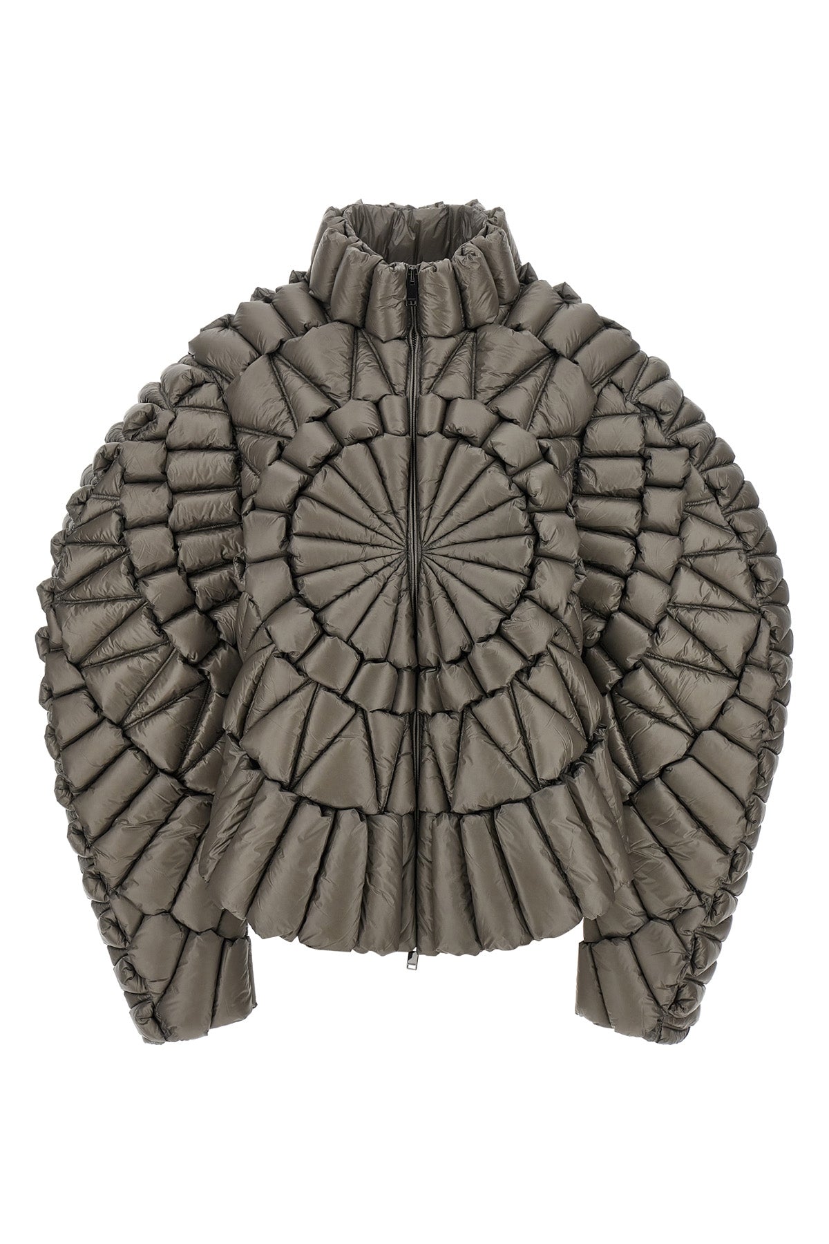 the raxxy down jacket redefines the volumes of outerwear through a complex three