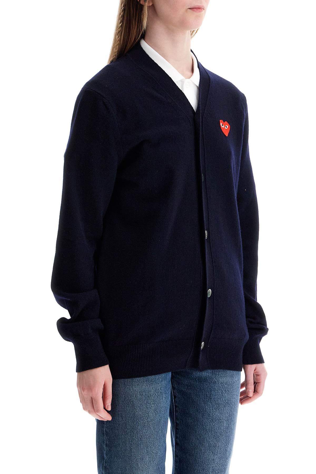 navy blue wool cardigan with embroidered red heart unisex