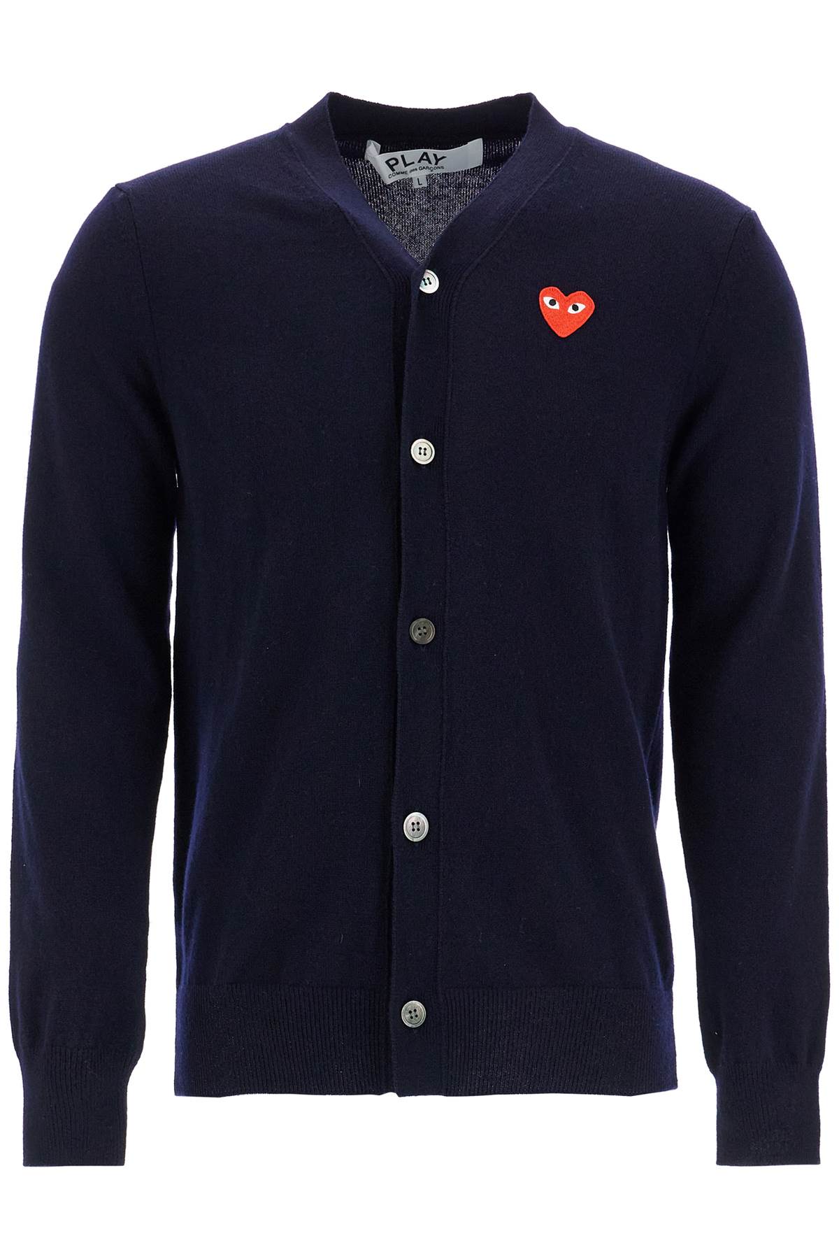 navy blue wool cardigan with embroidered red heart unisex