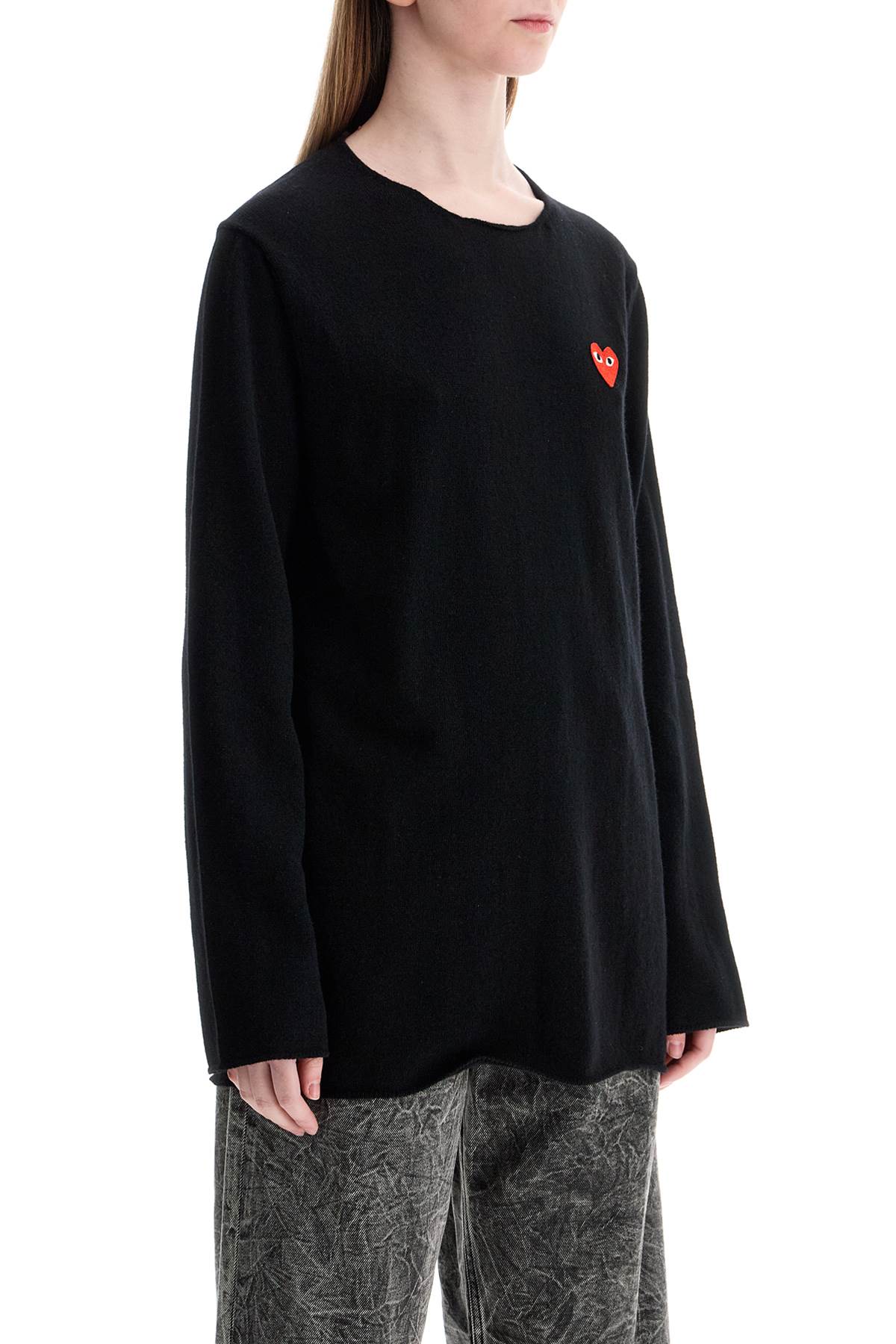 black wool sweater with red heart logo and wide neck