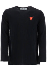 black wool sweater with red heart logo and wide neck