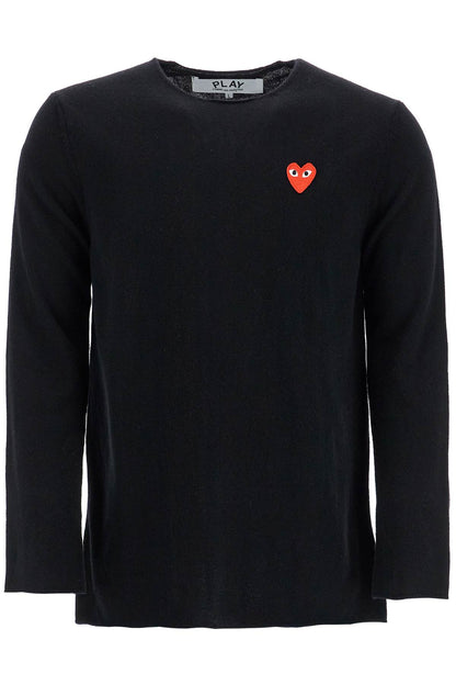 black wool sweater with red heart logo and wide neck