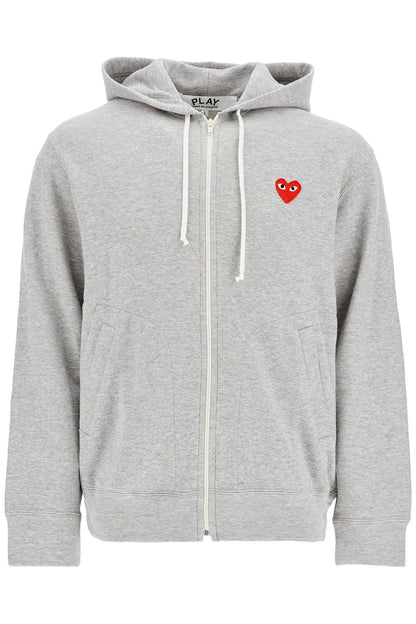 felpa con cappuccio e zip grigio chiaro in cotone con logo cuore rosso