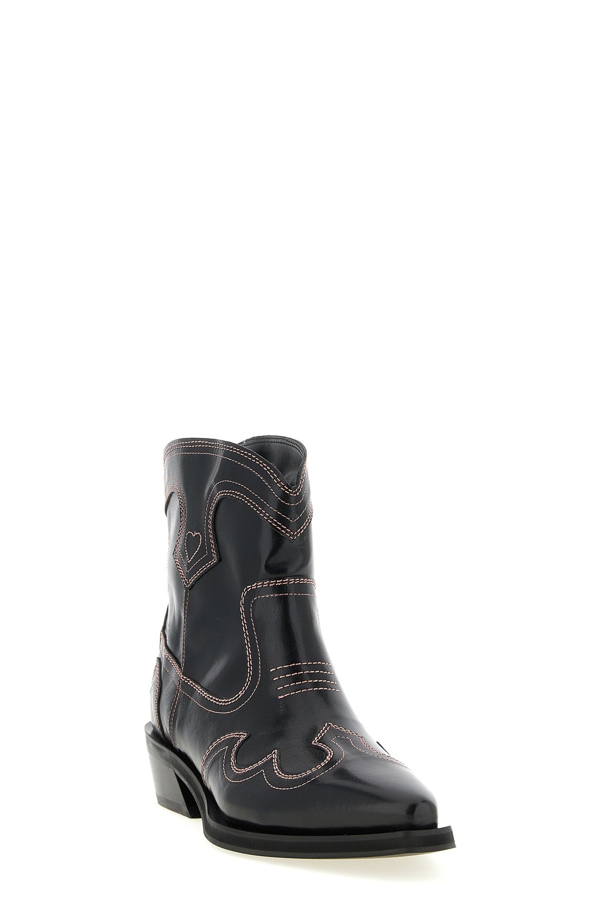 low shaft embroidered western ankle boots in leather-effect fabric