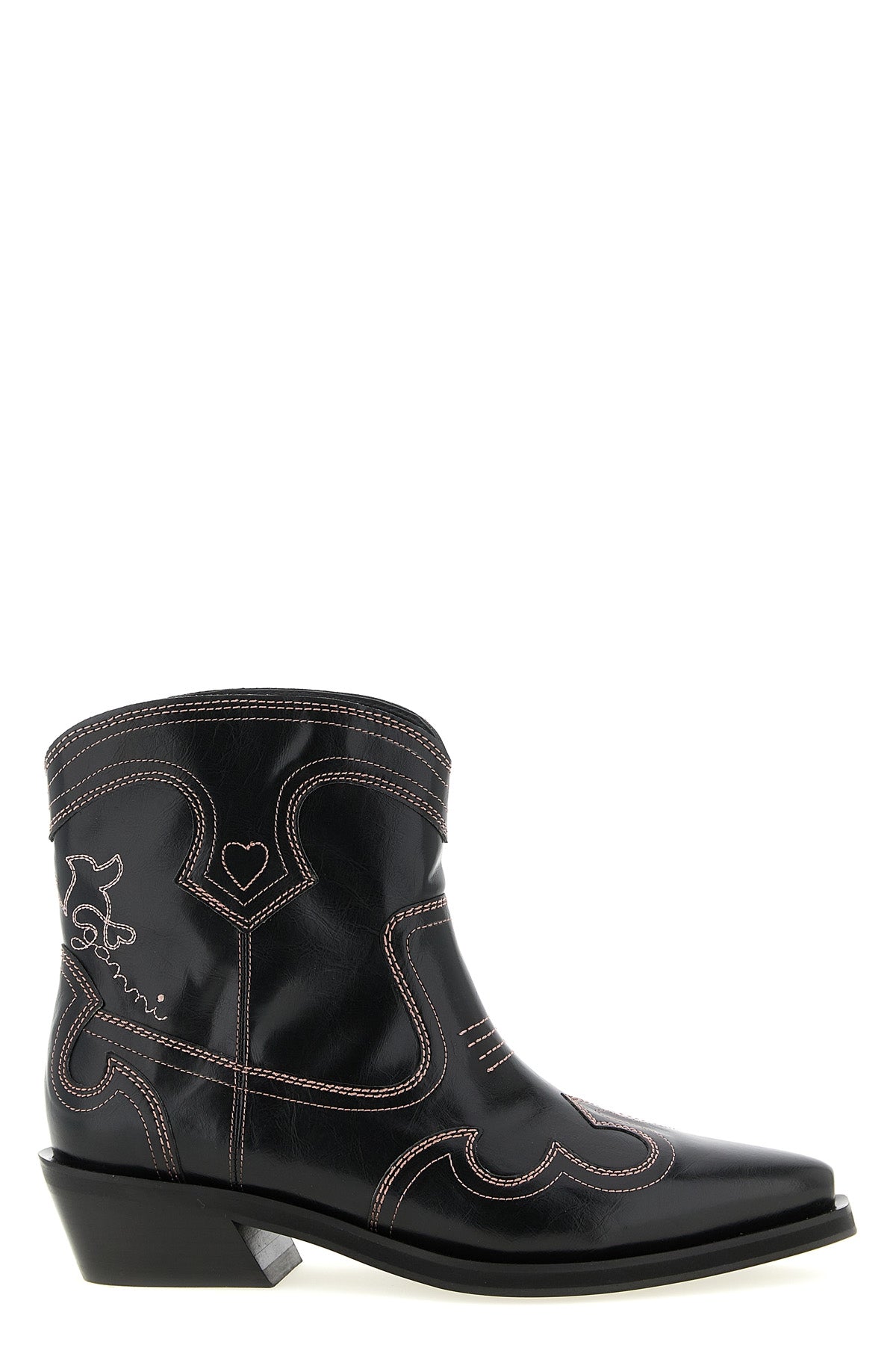 low shaft embroidered western ankle boots in leather-effect fabric