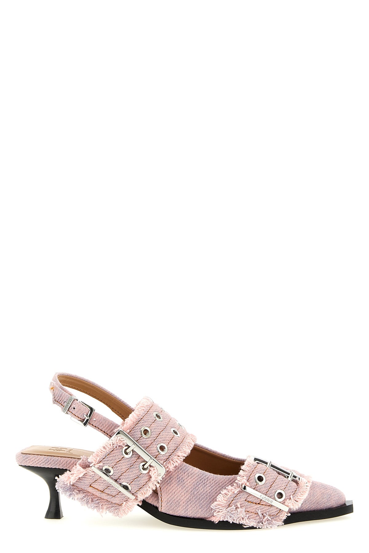 feminine buckle fringed denim slingbacks in garment-dyed cotton denim