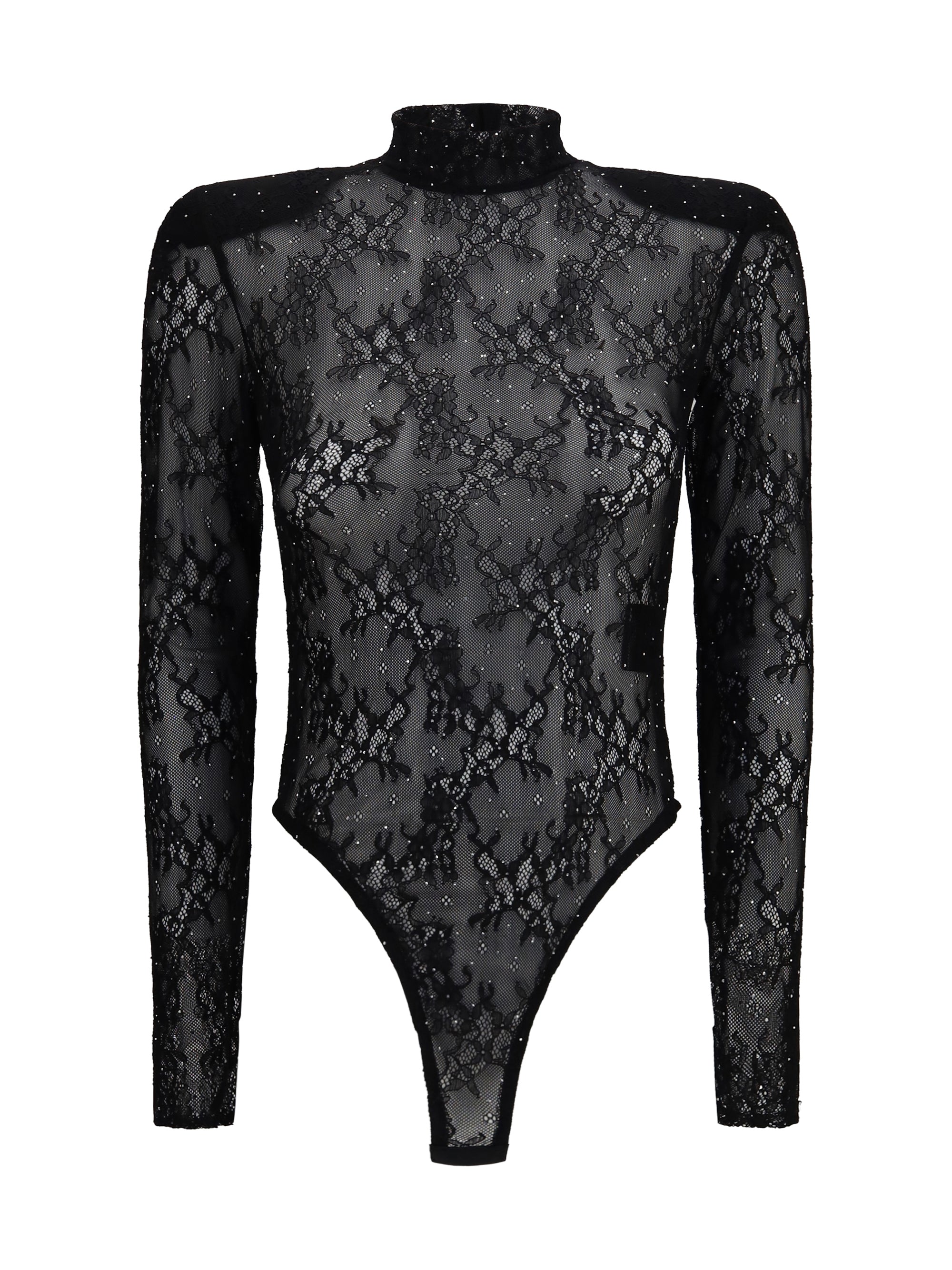 long-sleeve lace and rhinestone bodysuit