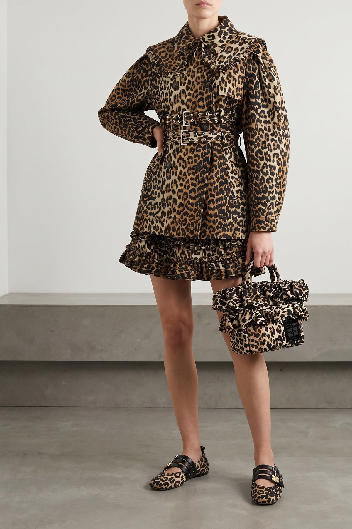 mini shopper ruffle print handbag in animal print technical fabric