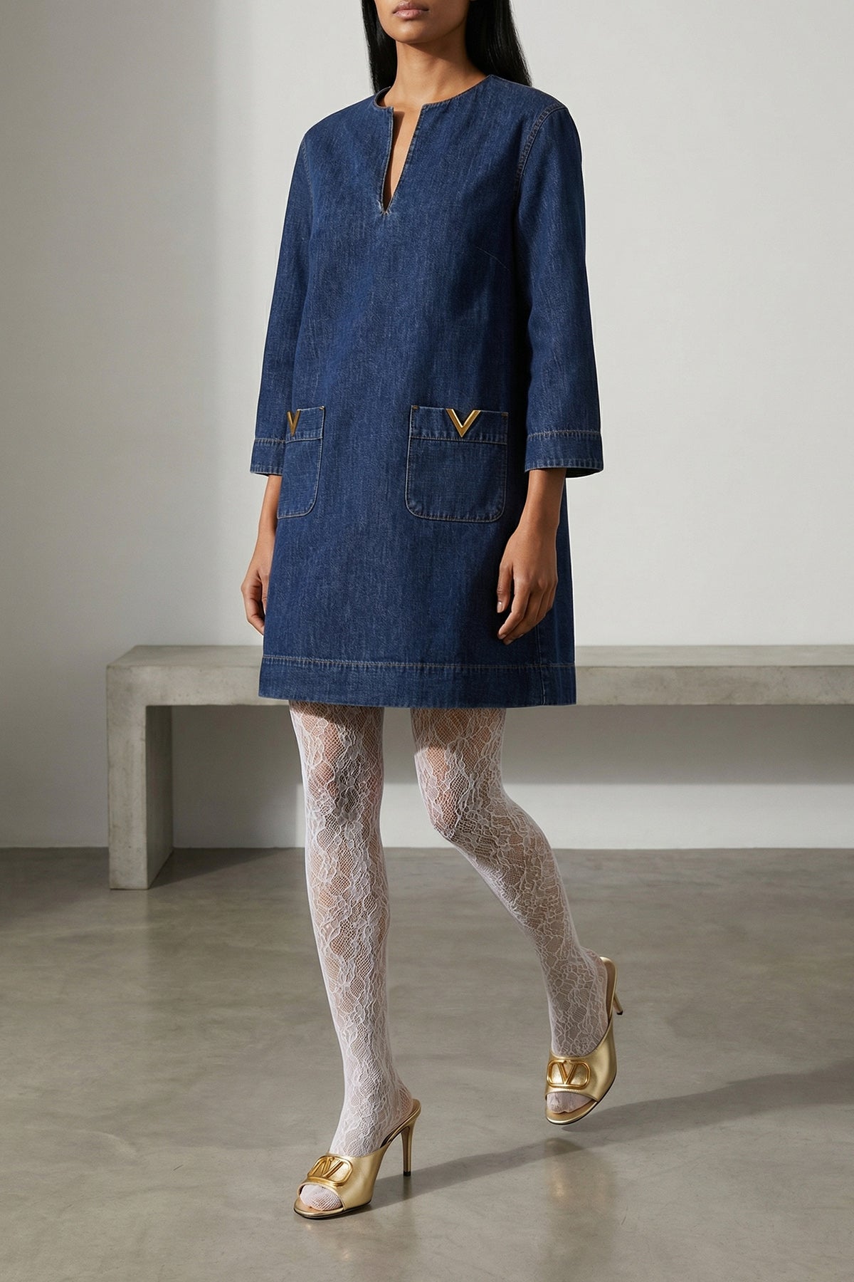solid chambray medium wash cotton denim dress