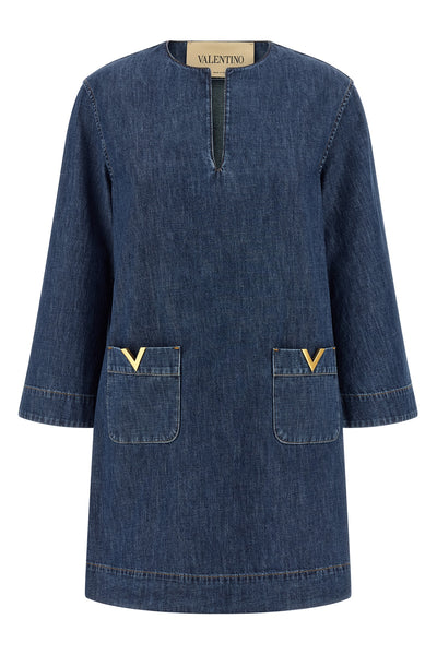 solid chambray medium wash cotton denim dress