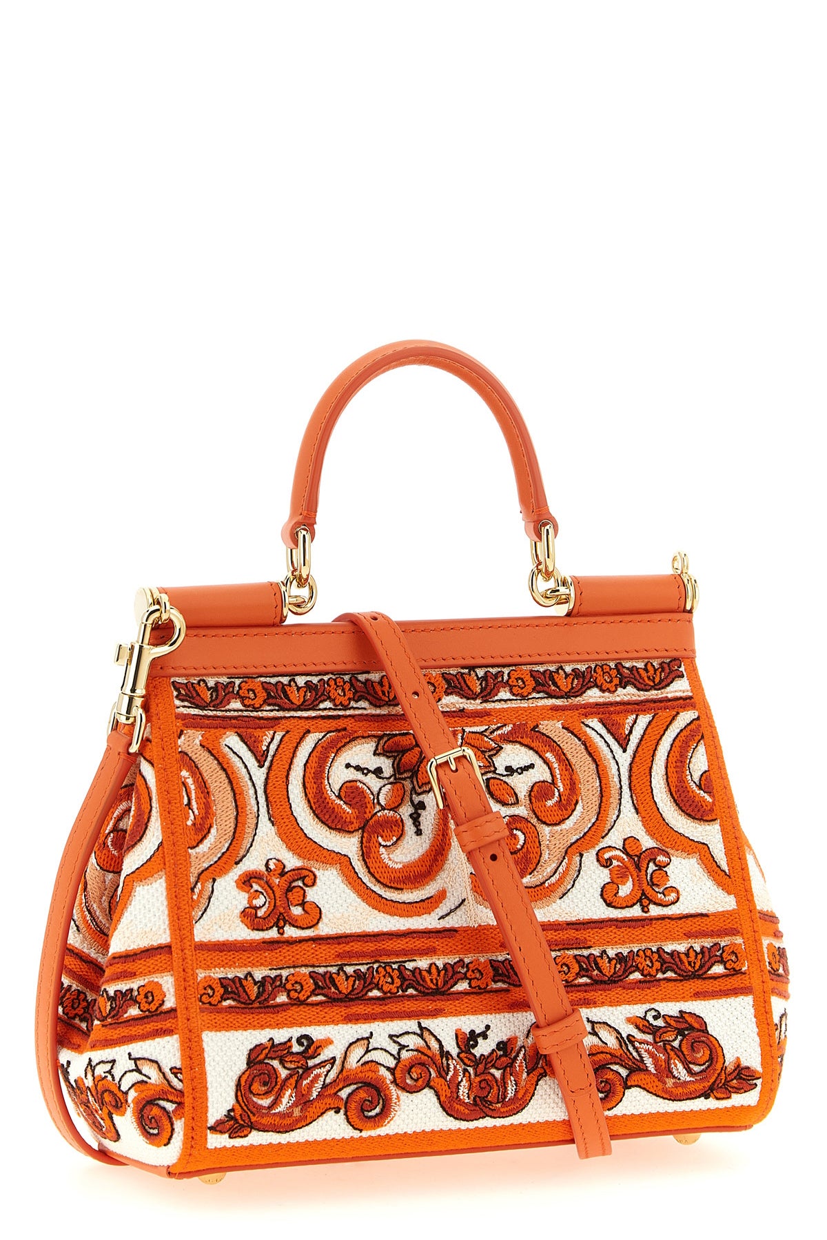 small sicily handbag in maiolica print brocade fabric and tone-on-tone leath