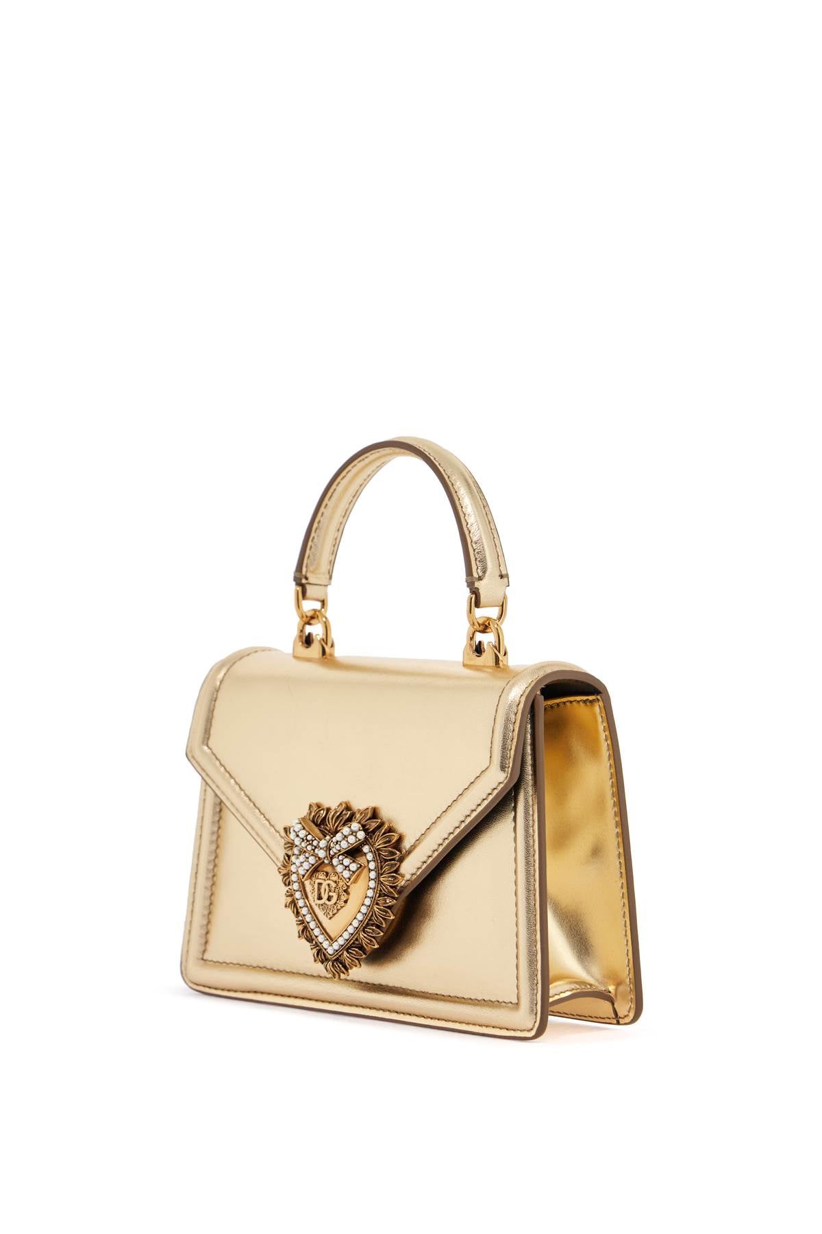 gold nappa shoulder bag with crystal heart and chain strap