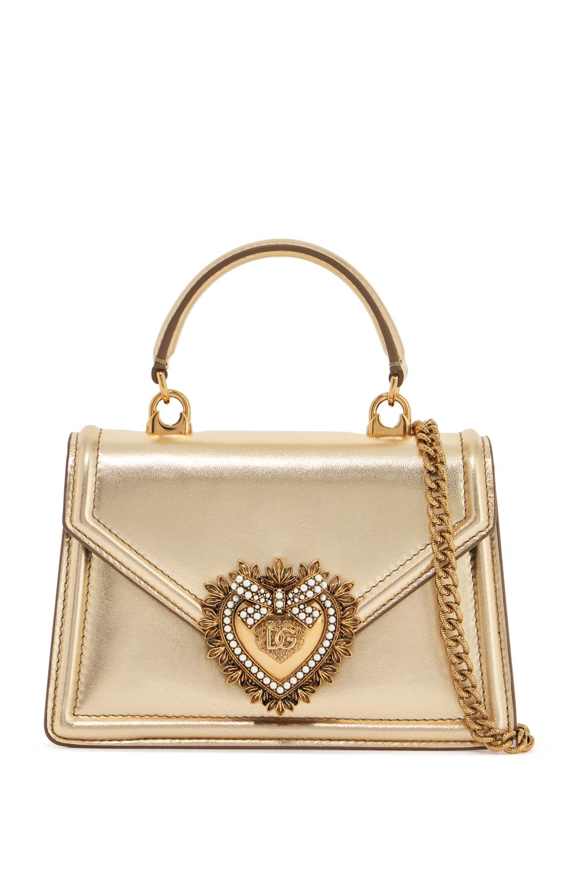 gold nappa shoulder bag with crystal heart and chain strap