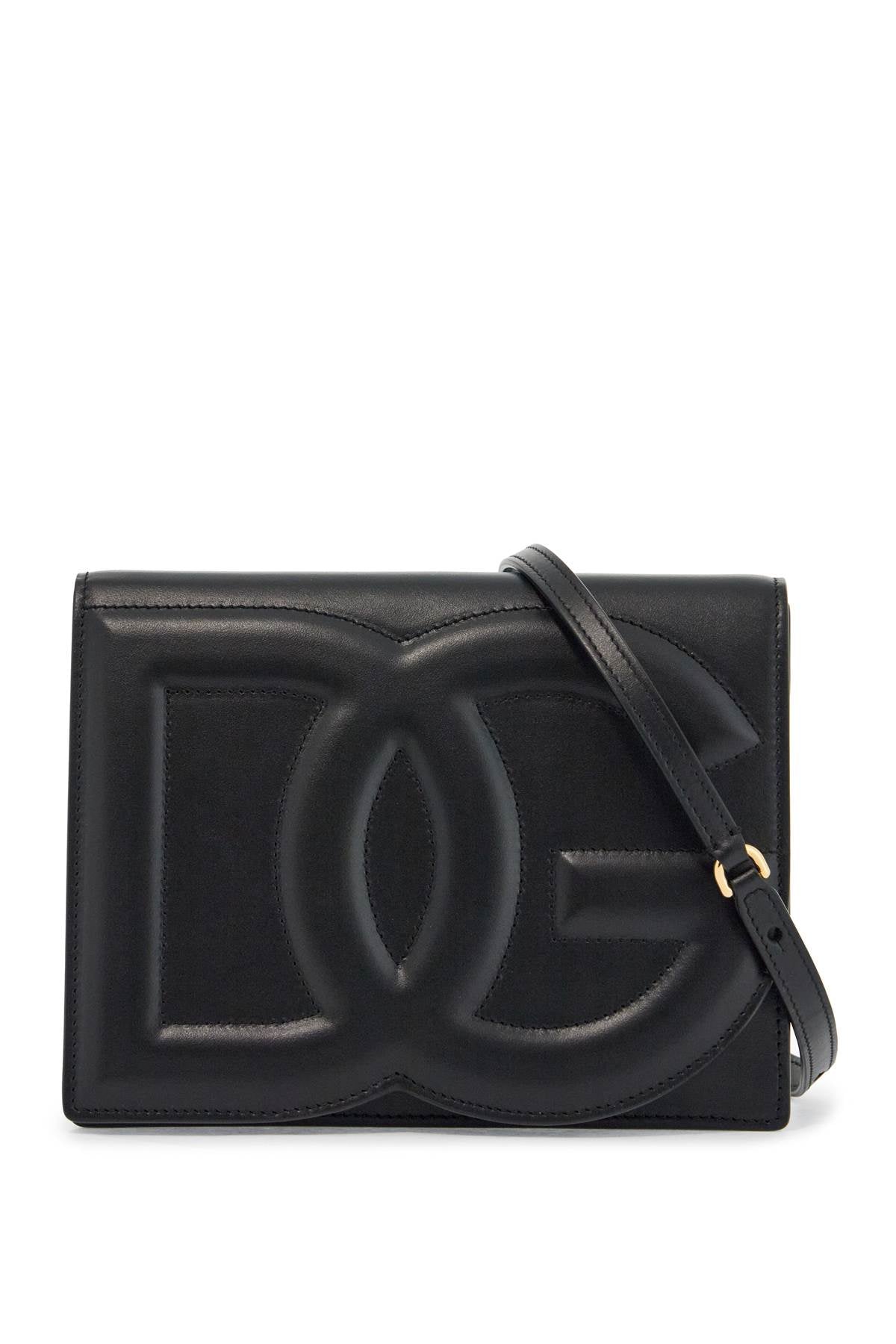 black calfskin shoulder bag with embossed logo and adjustable strap