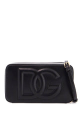 black calfskin shoulder bag with embossed logo and adjustable strap