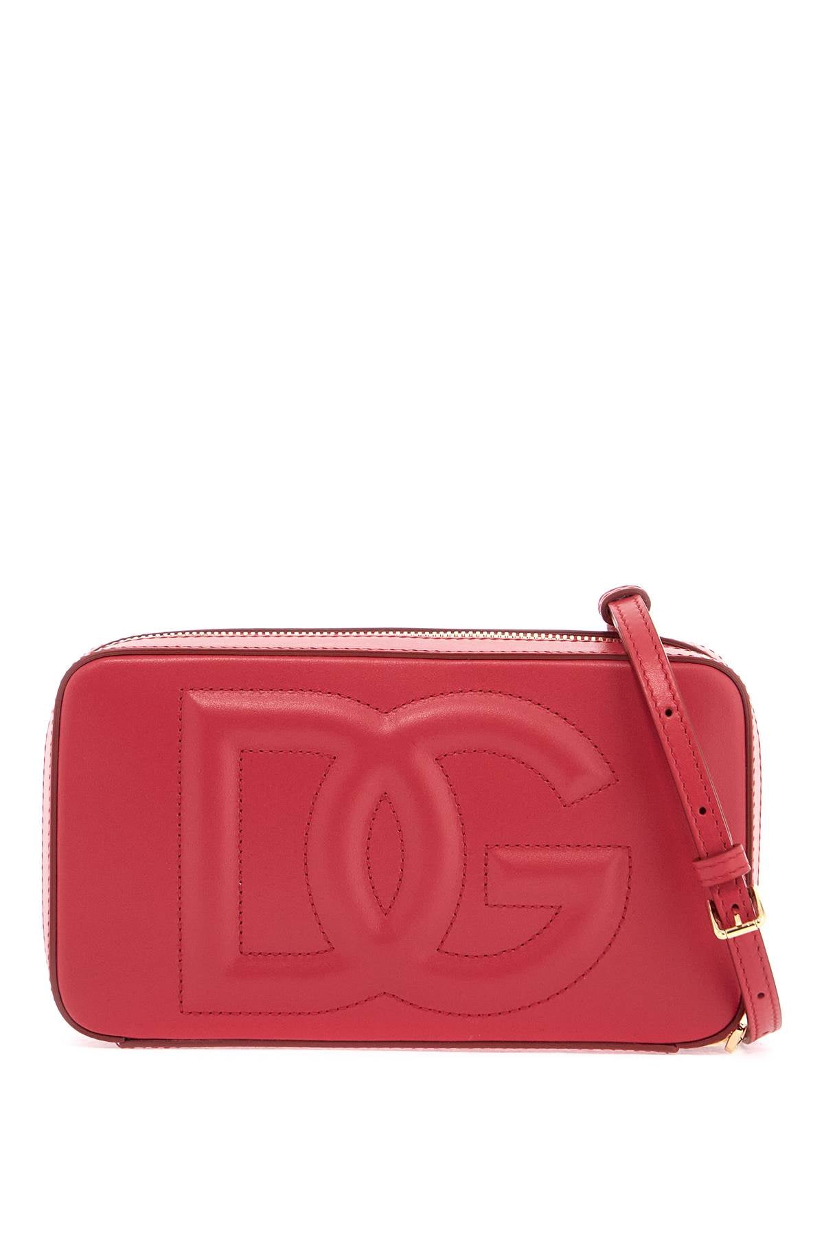 red calfskin shoulder bag with embossed logo