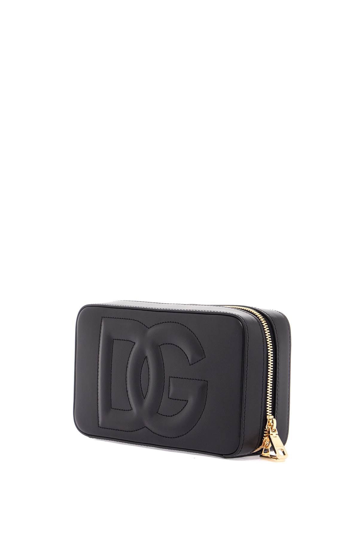 black calfskin shoulder bag with embossed logo and adjustable strap