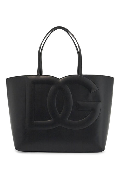 black calfskin shopping bag with embossed logo