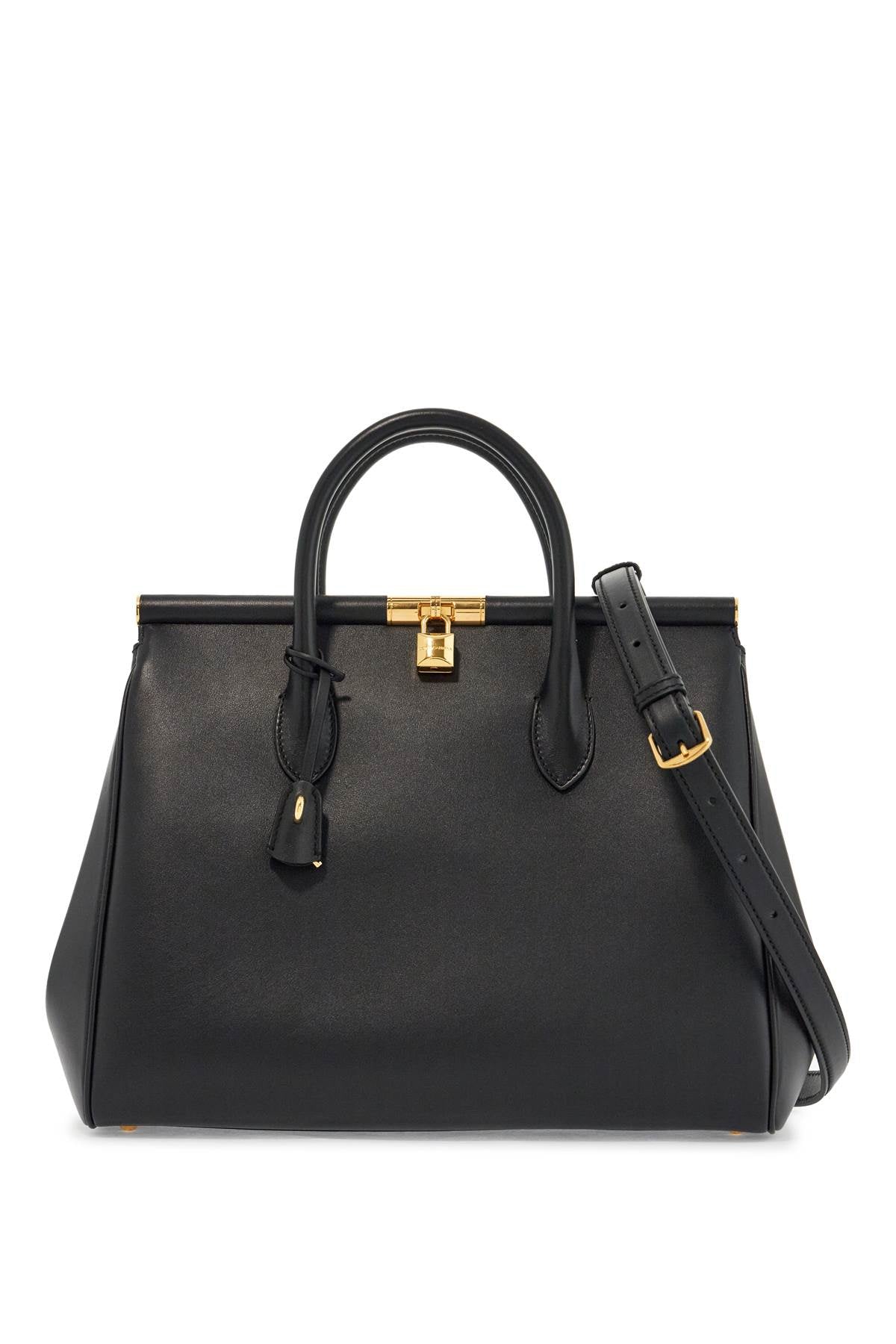 black calfskin top handle bag with classic and structured shoulder strap