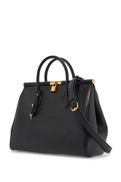 black calfskin top handle bag with classic and structured shoulder strap