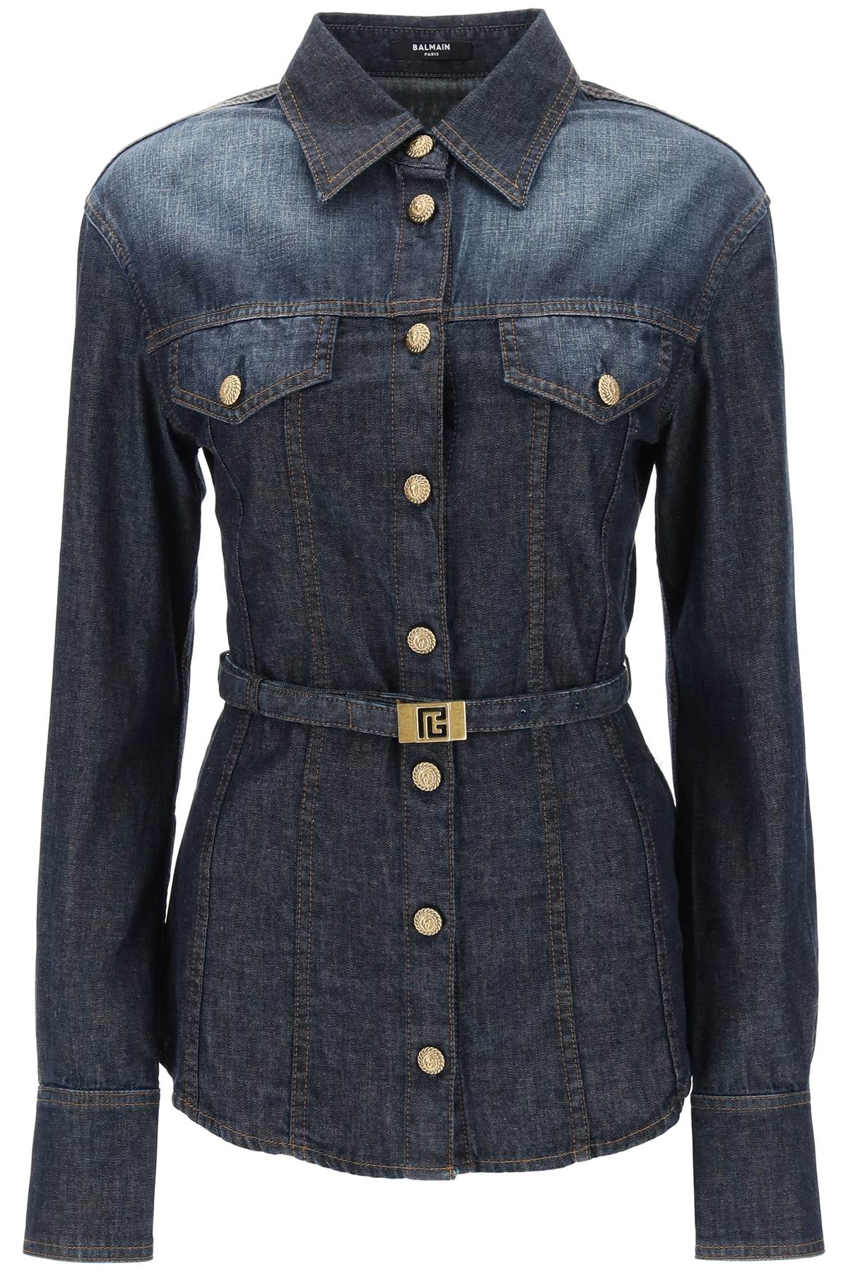 belted denim shirt