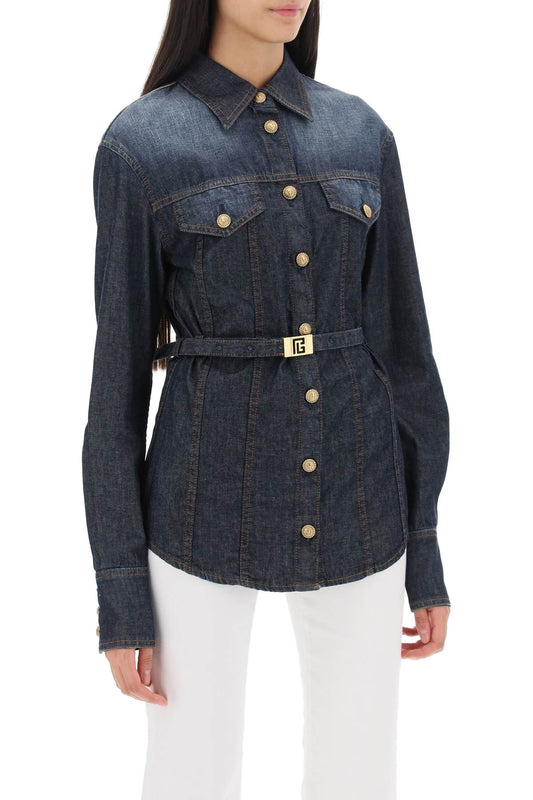 belted denim shirt