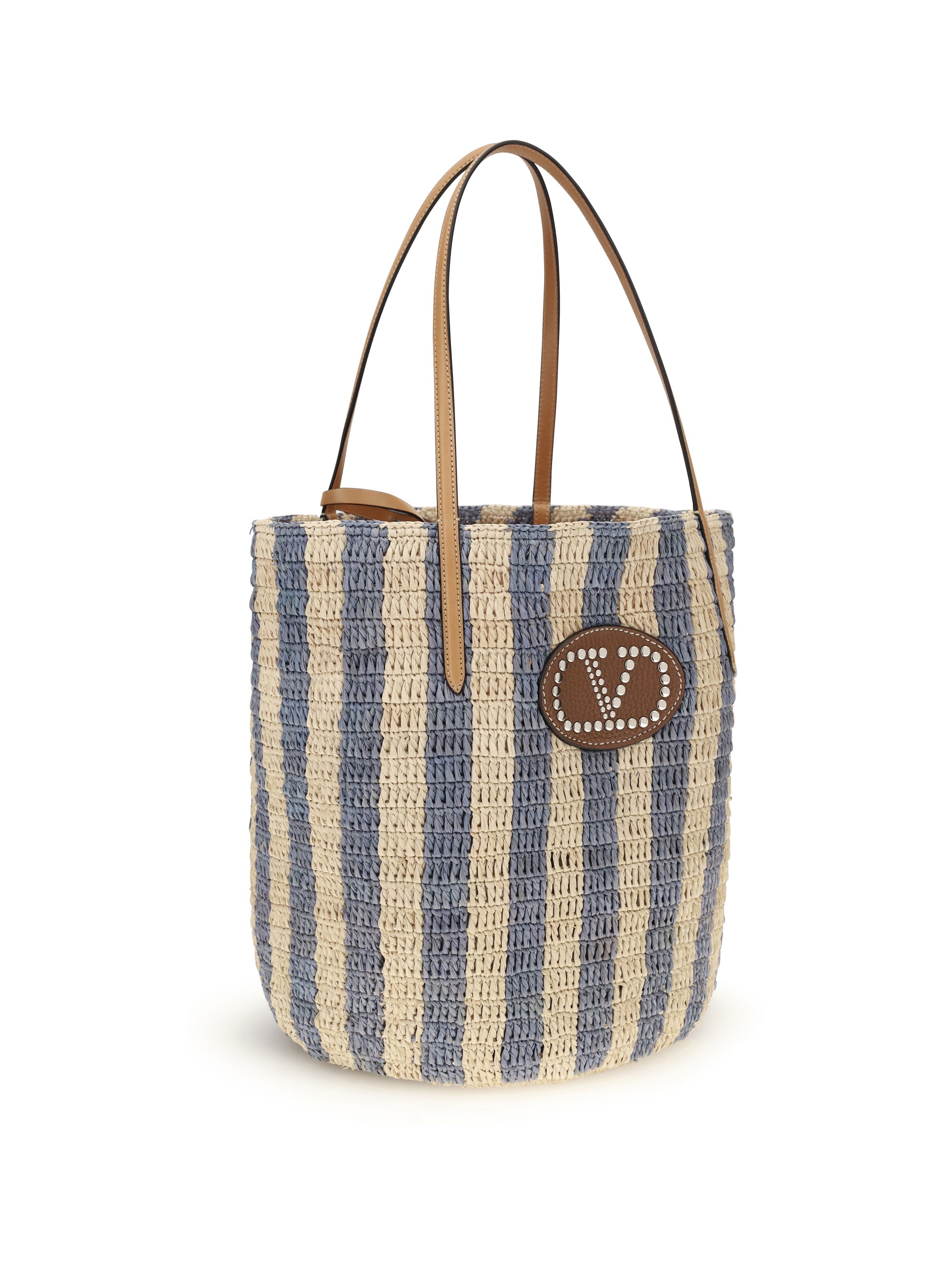 striped raffia bucket bag