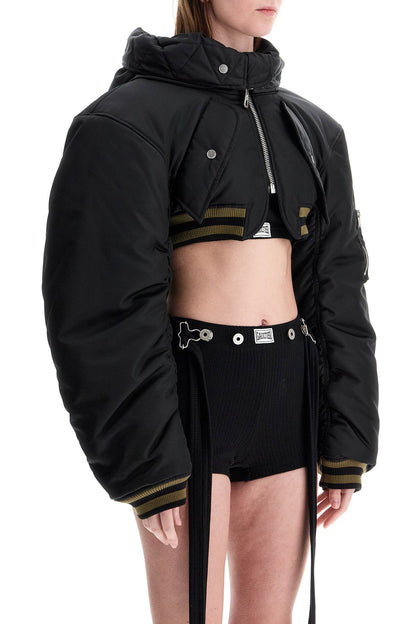 cropped black nylon padded bomber jacket with hood