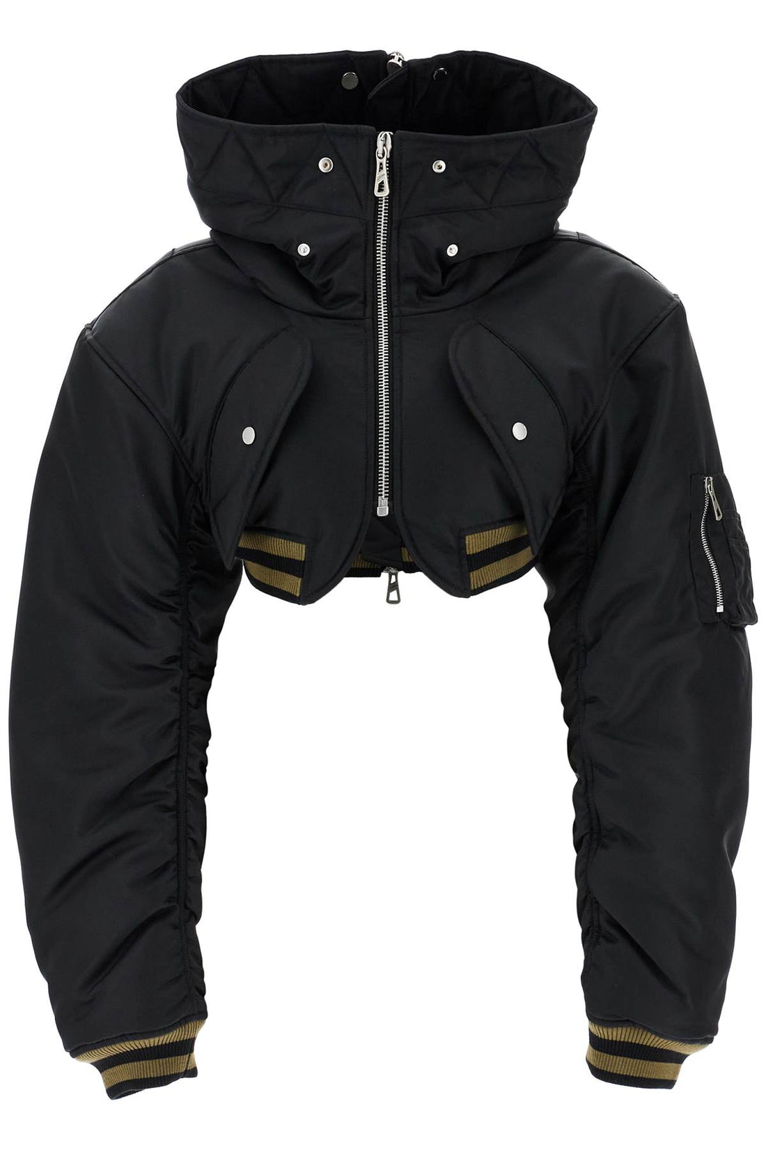 cropped black nylon padded bomber jacket with hood