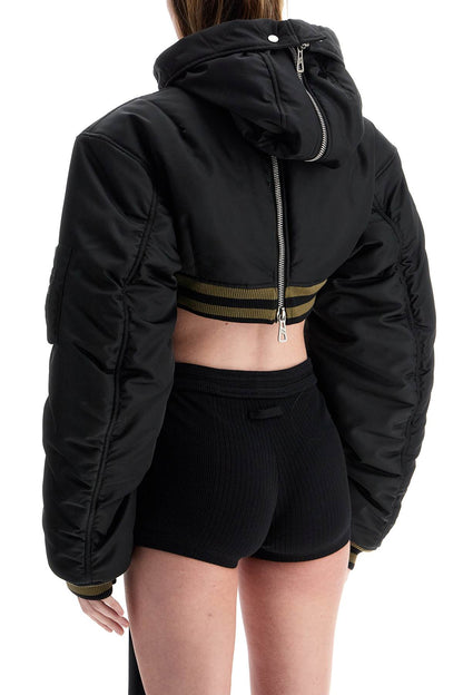 cropped black nylon padded bomber jacket with hood