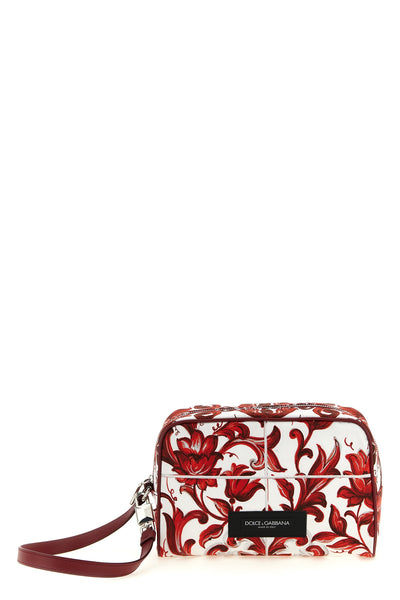 essenza handbag in maiolica print poplin and smooth tone-on-tone calf leathe
