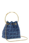 the jimmy choo bucket bag features a structured silhouette made of compact denim