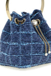 the jimmy choo bucket bag features a structured silhouette made of compact denim