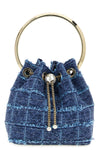 the jimmy choo bucket bag features a structured silhouette made of compact denim