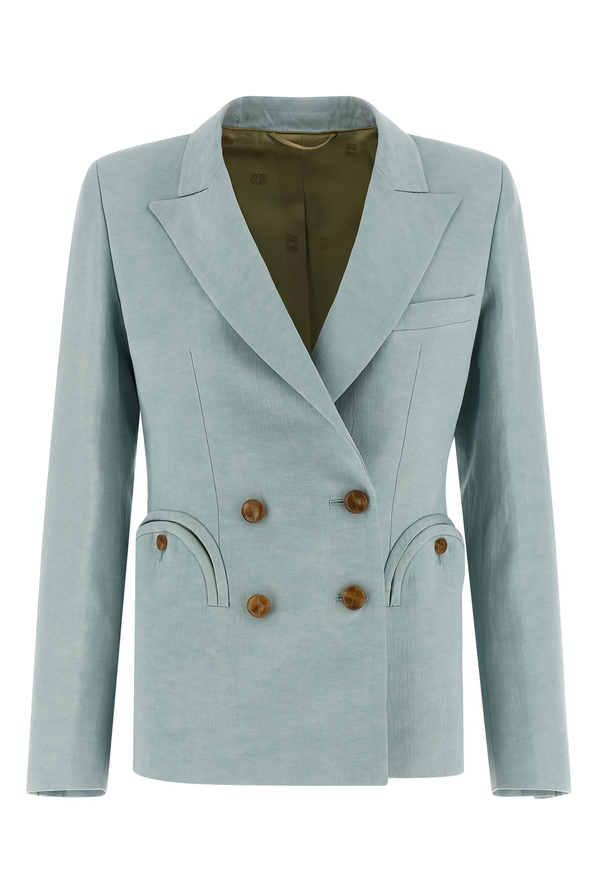 zenith charmer double-breasted hourglass blazer in silk and linen