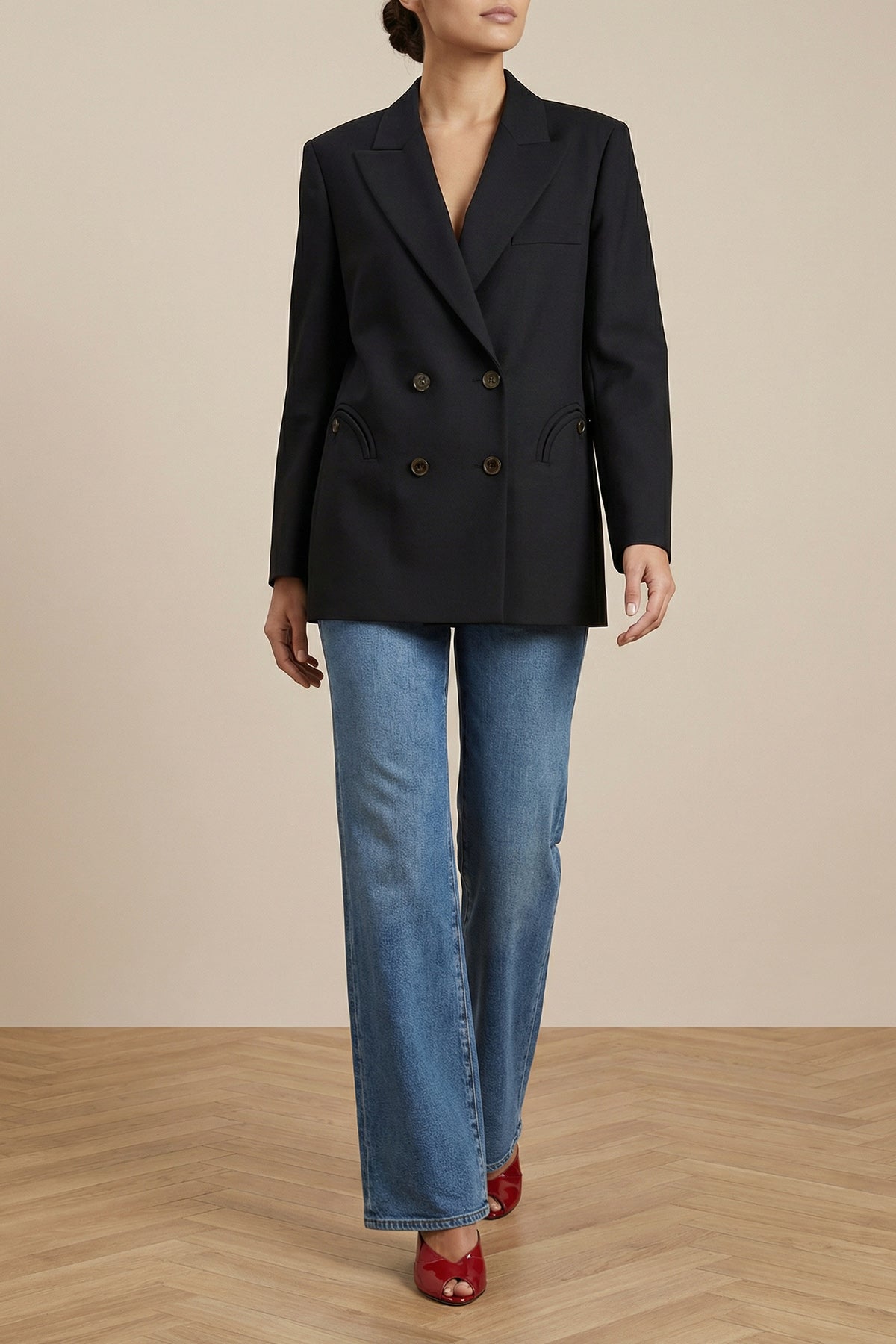 alcanara everynight double-breasted blazer in lightweight virgin wool twill