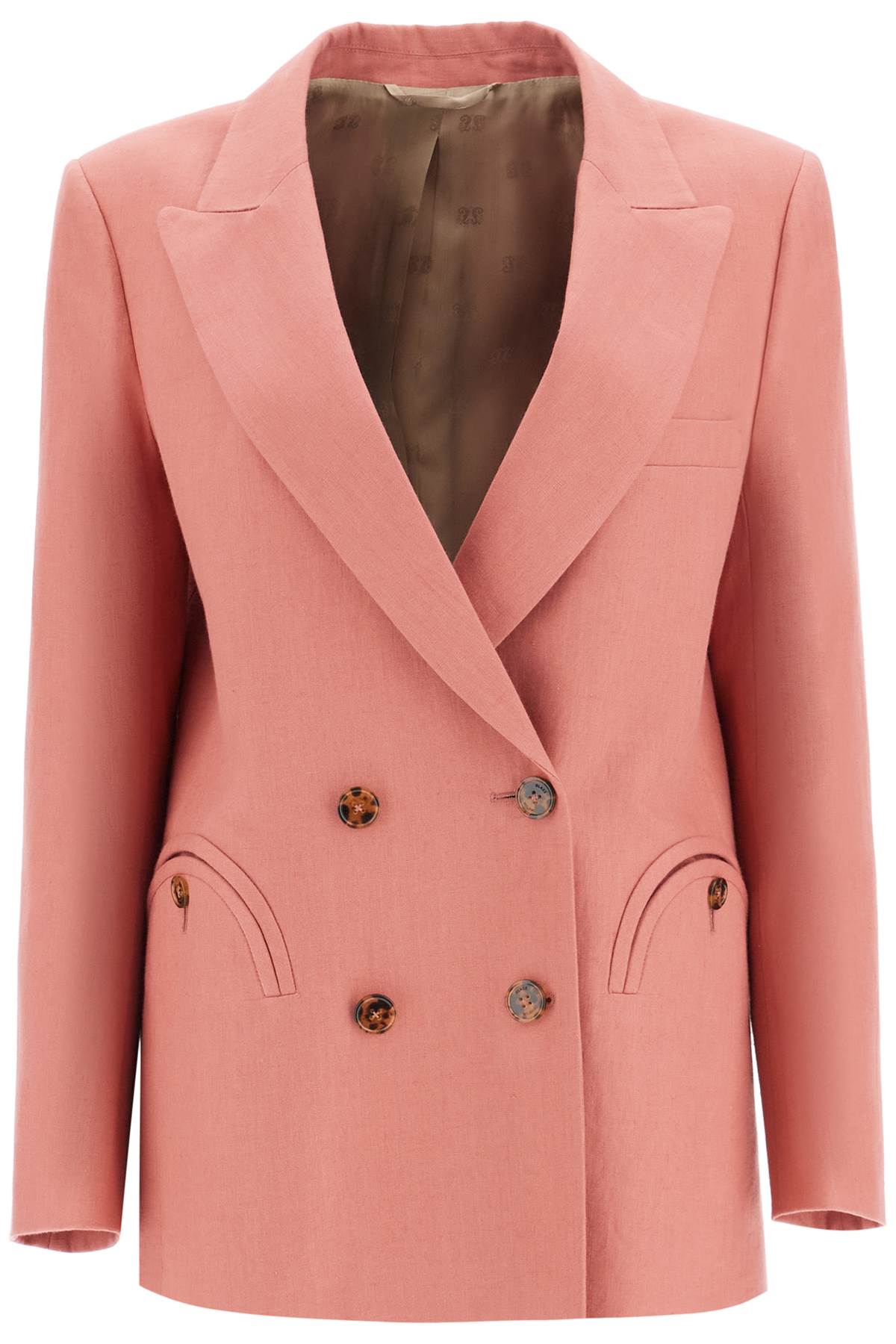 coral linen single-breasted blazer with turtle style buttons