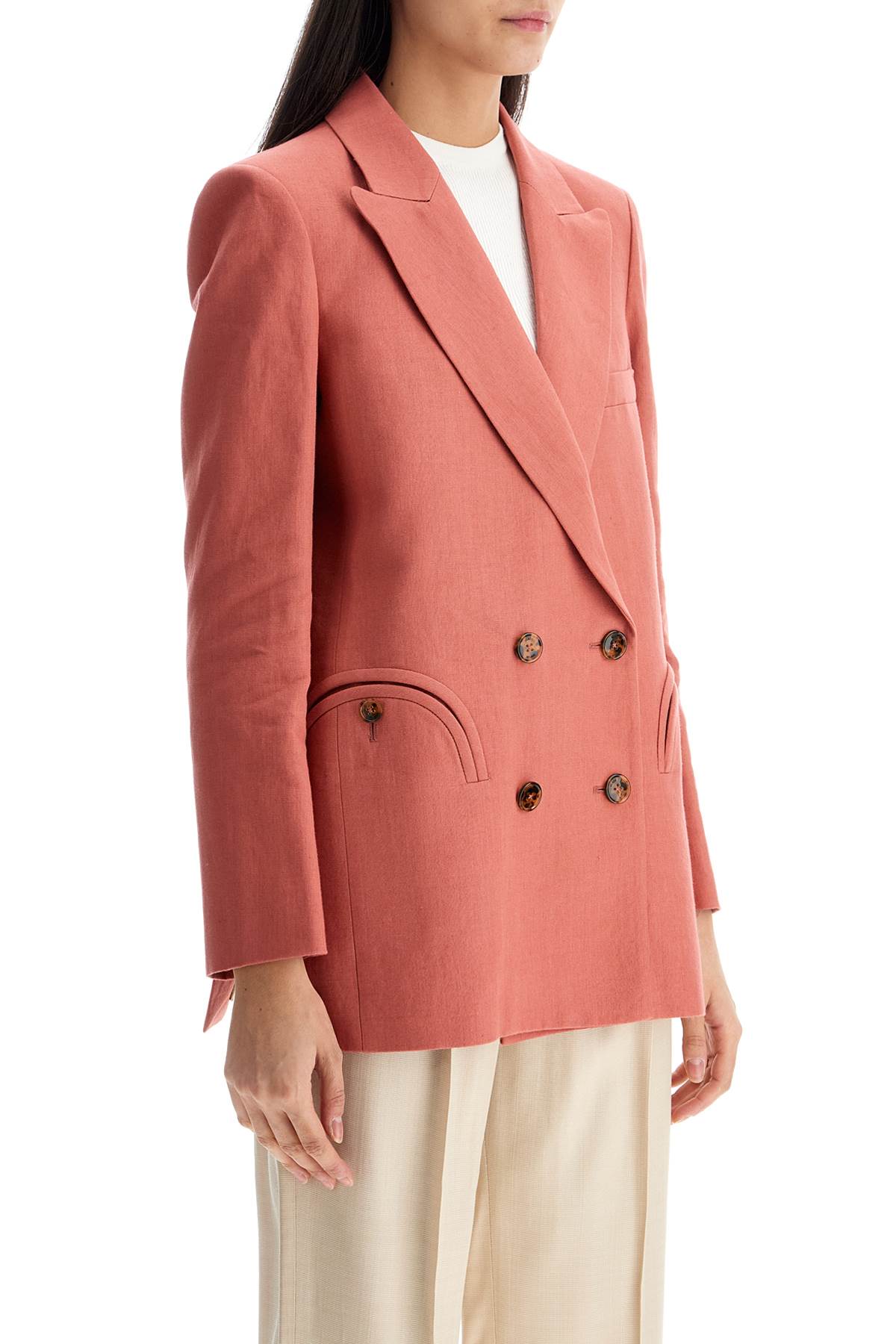 coral linen single-breasted blazer with turtle style buttons