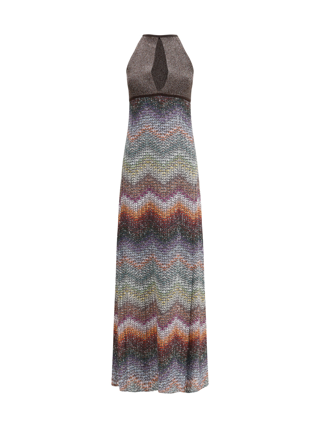 MISSONI 38 long halter-neck dress in greek zigzag knit with sequins
