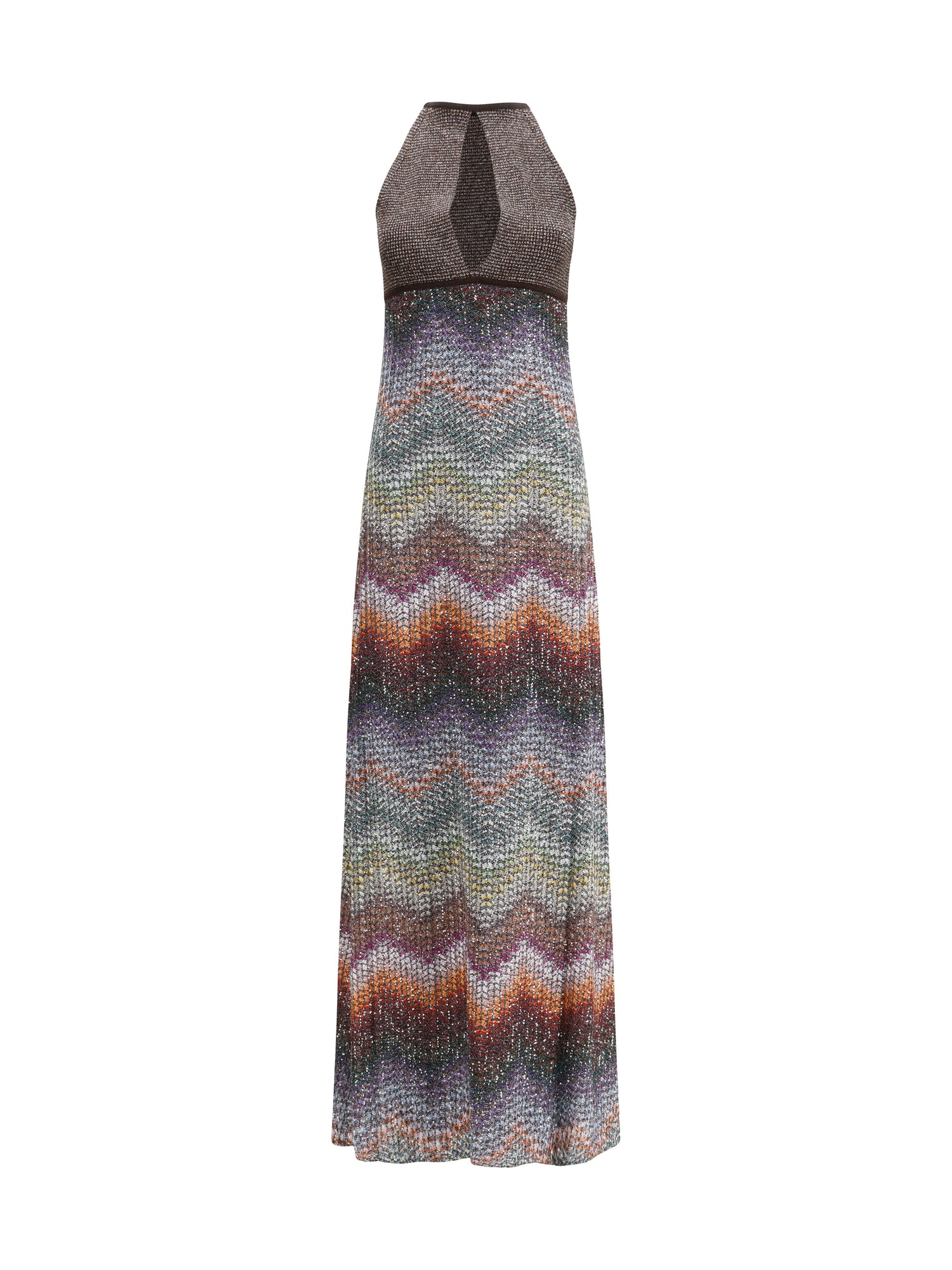 MISSONI 38 long halter-neck dress in greek zigzag knit with sequins