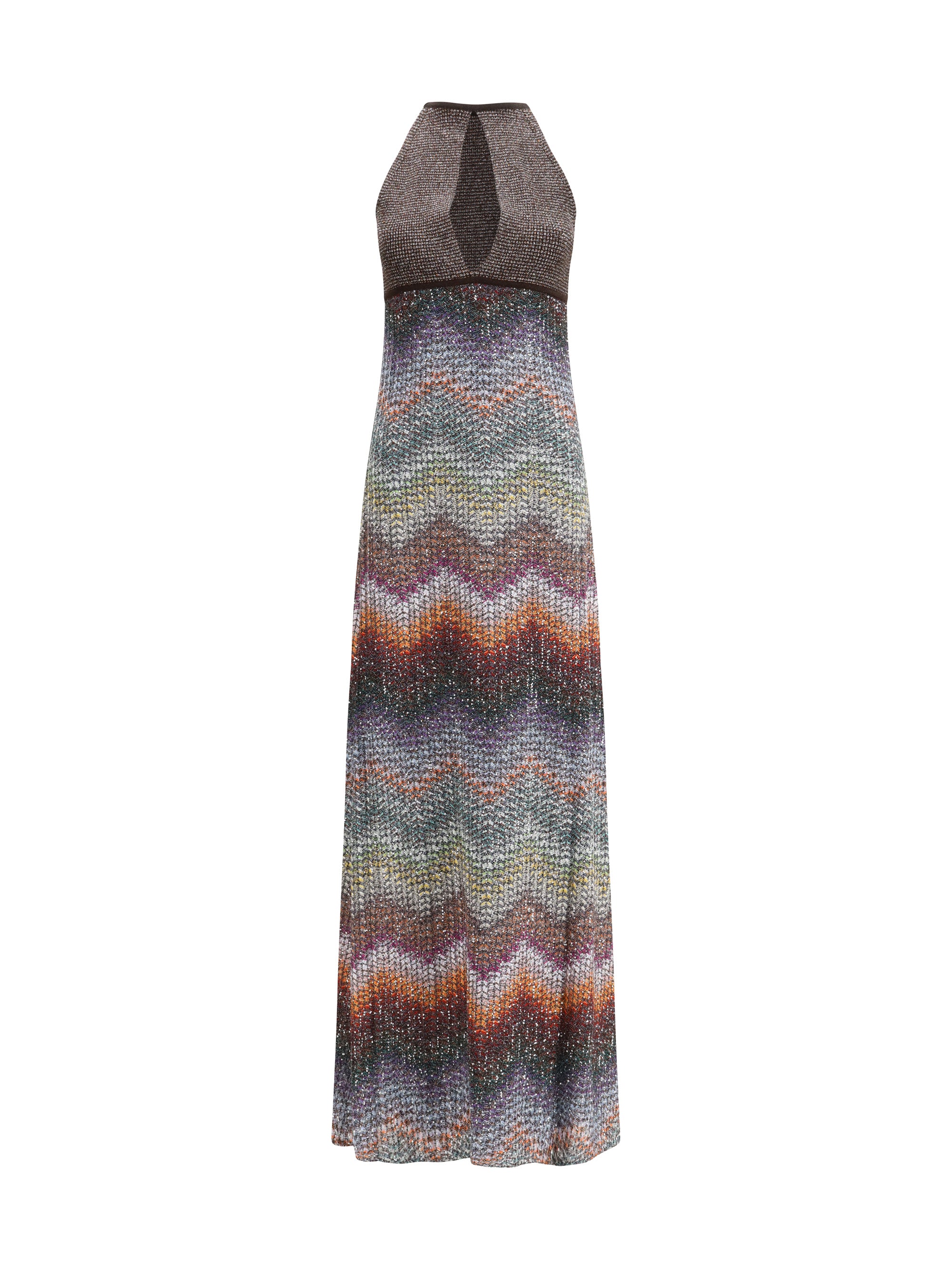 MISSONI 38 long halter-neck dress in greek zigzag knit with sequins