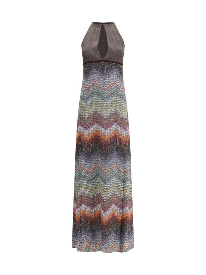 MISSONI 38 long halter-neck dress in greek zigzag knit with sequins